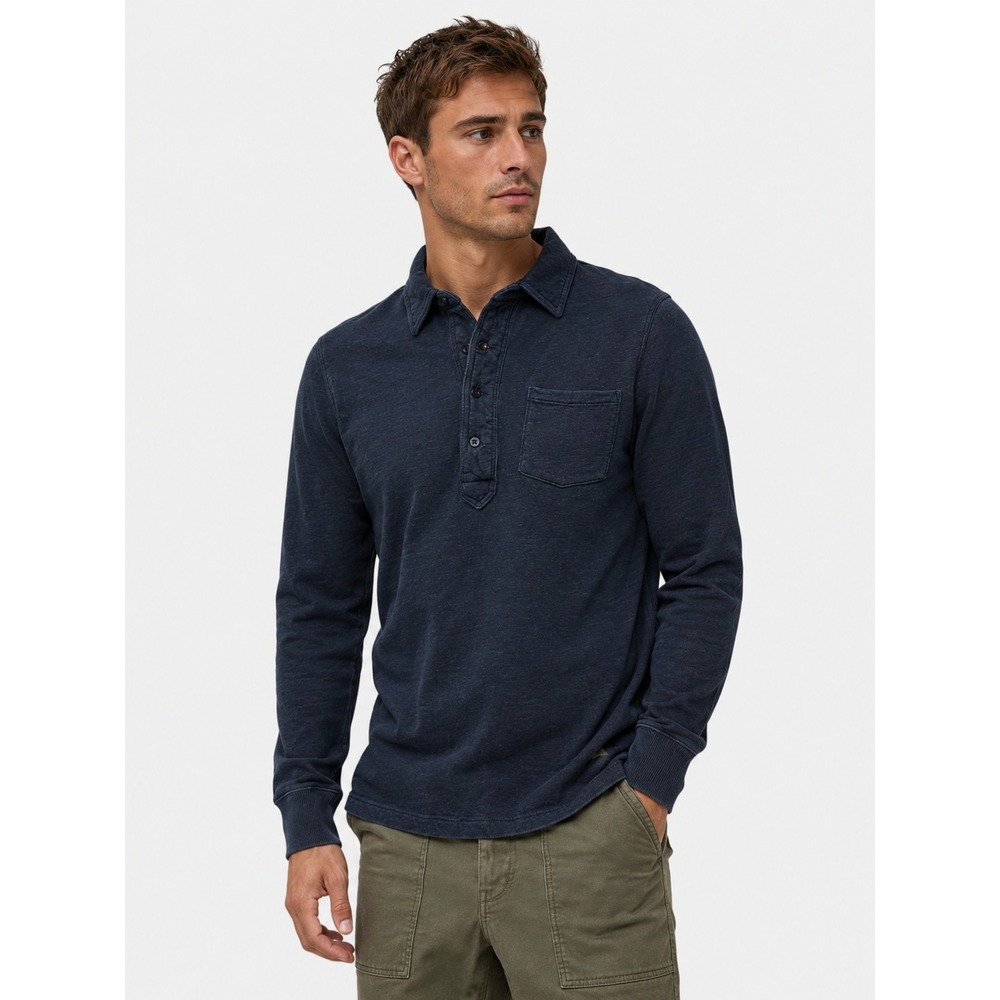 Relwen Mens Navy Blue Cotton Long Sleeve Henley Polo Shirt Size S